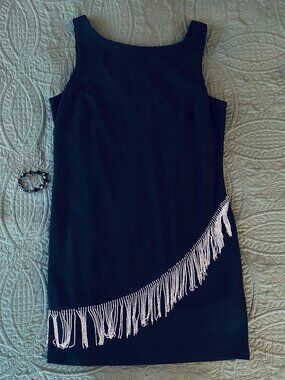 Eliza J Black Rhinestone Fringe Asymmetrical Sheath Dress, size 16 NWT